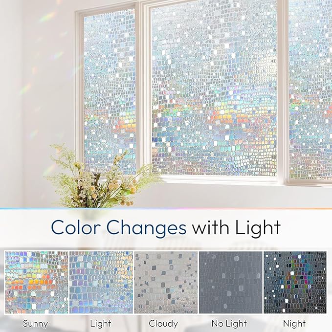 rabbitgoo Window Privacy Film Rainbow Window Film, Mosaic Decorative Stained Glass Cling, Removable Static Cling Tint UV Blocking, Non-Adhesive Privacy Covering, 17.5 x 78.7 inches