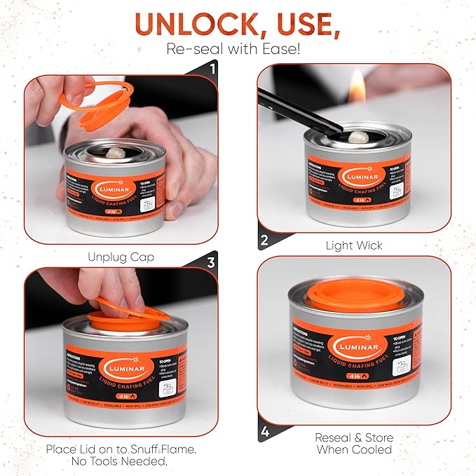Luminar Resealable-Wick Chafing Fuel Cans, 6 Pack, 4 Hour - Premium Quality Burners for Food Warmers - No More Spills, Waste, or Hassle - Perfect for Convenient, and Long-Lasting Event Catering