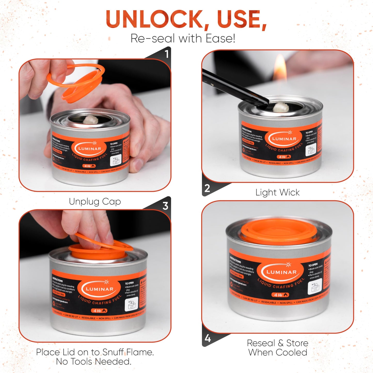 Luminar Resealable-Wick Chafing Fuel Cans, 24 Pack, 4 Hour - Premium Quality Burners for Food Warmers - No More Spills, Waste, or Hassle - Perfect for Convenient, and Long-Lasting Event Catering