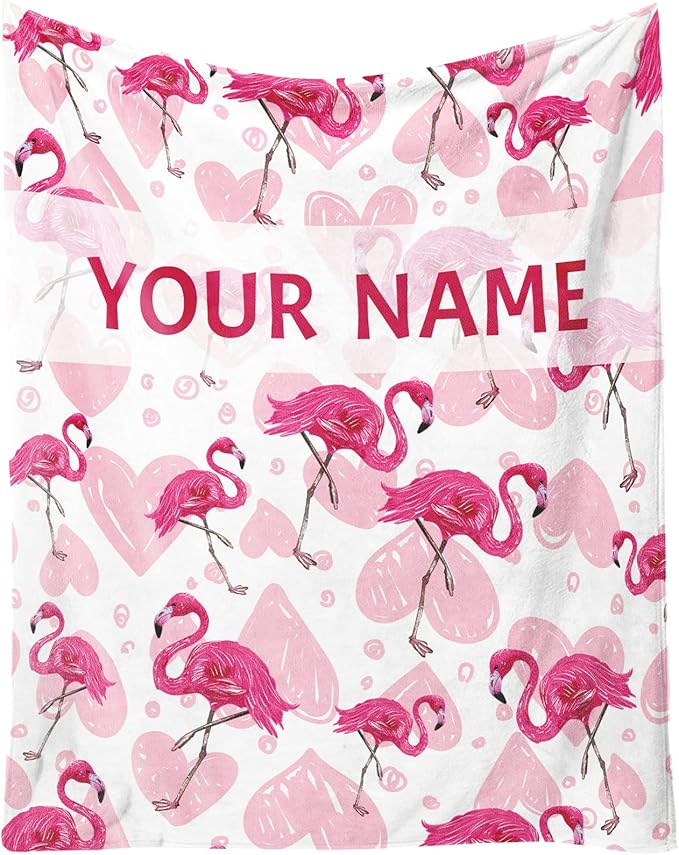 Custom Flamingo Blanket Gifts with Name - 60 x 80 Inches Cute Flamingo Throw for Adults - Light Pink Soft Fuzzy Plush Blankets for Bed