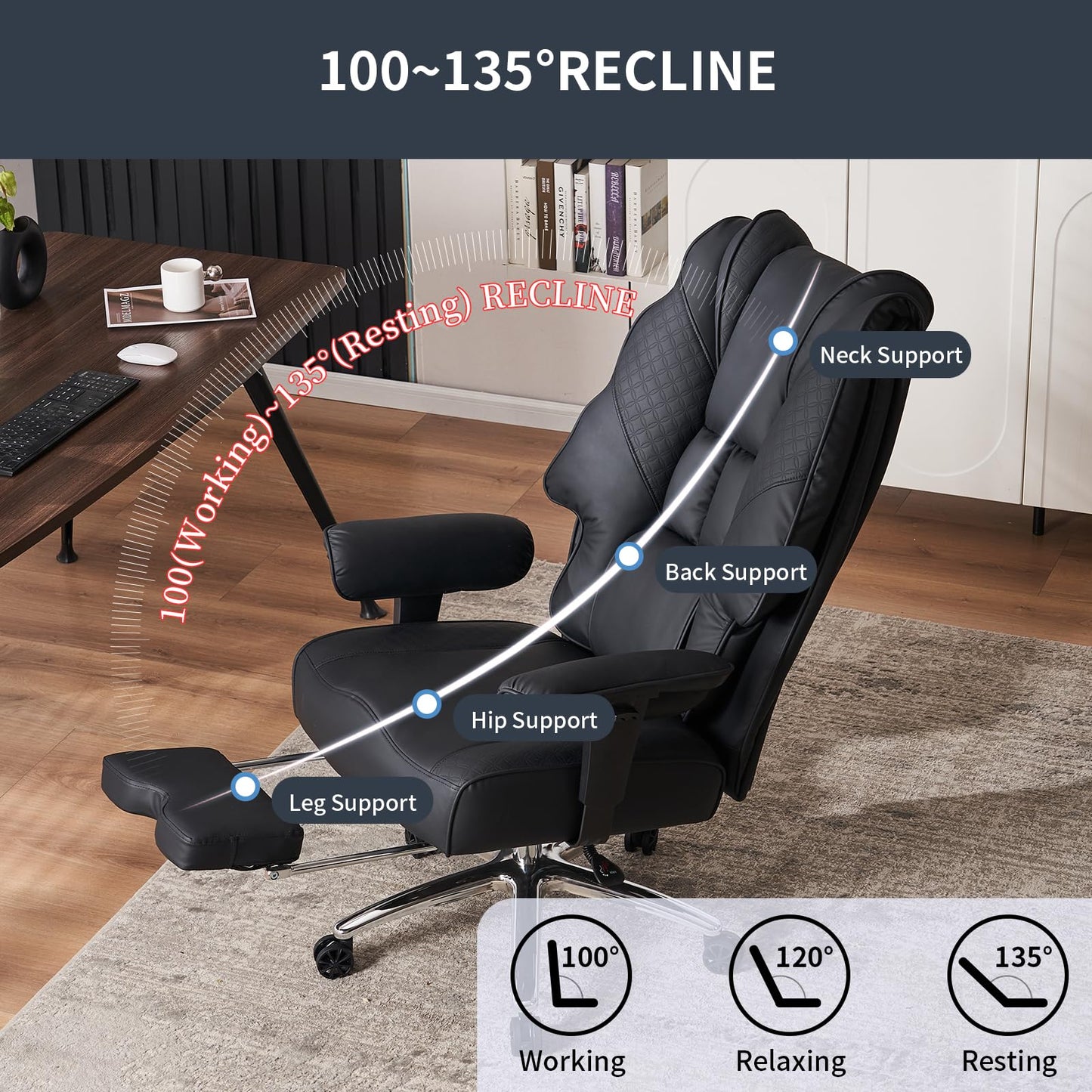 EXCEBET Big and Tall Office Chair 400lbs Wide Seat, Leather High Back Executive Office Chair with Foot Rest, Ergonomic Chairs Lumbar Support for Lower Back Pain Relief (Black)