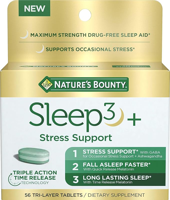 Nature's Bounty Stress Support Plus Melatonin, Sleep3 Maximum Strength 100% Drug Free Sleep Aid, Dietary Supplement with A...