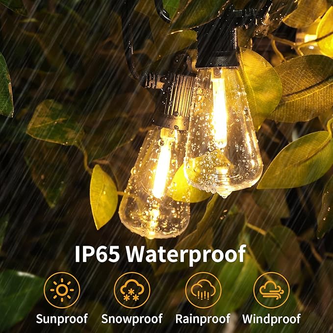 ZOTOYI Outdoor String Lights 50 FT, Patio Bulbs with 27 LED Plastic Edison ST38 Bulbs (2 Spare), Waterproof IP65 Outdoor Hanging Lights for Garden, Backyard, Cafe, Porch, Gift, Gazebo - Dimmable 2700K