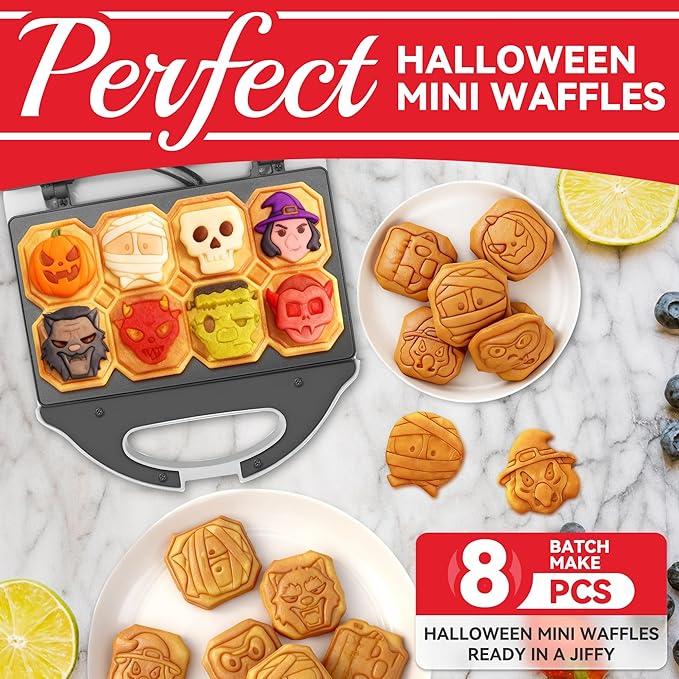 Spooky Mini Waffle Maker for Kids, Mini Pancake Maker Machine, Electric Small Waffle Iron, 8 Fun Character Waffle Maker, Gift for Christmas Halloween, White