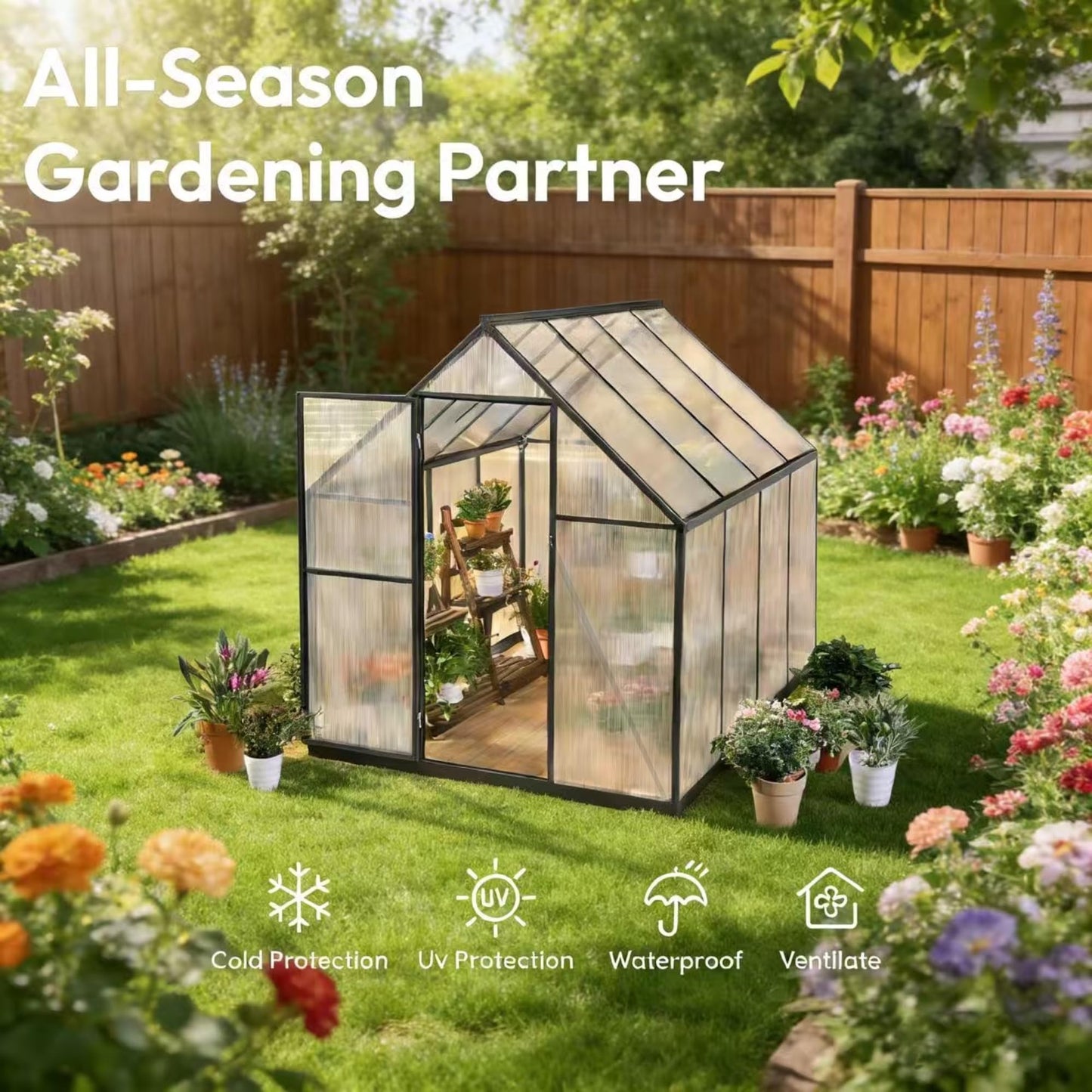 6x8 FT Greenhouse for Outdoors, Polycarbonate Greenhouse with Quick Setup Structure and Roof Vent, Aluminum Large Walk-in Green House for Outside Garden Backyard, Charcoal Black