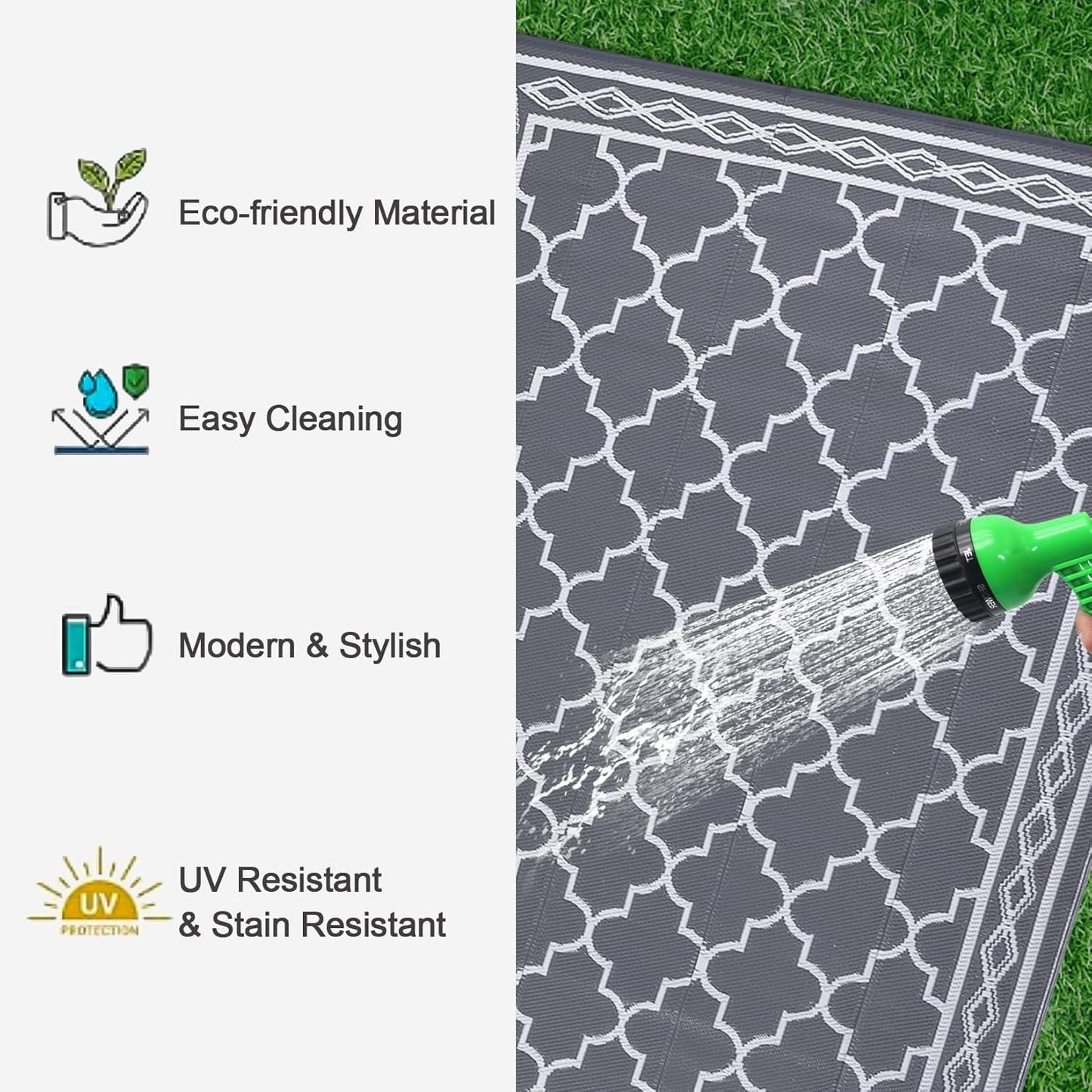 GAOMON Reversible Outdoor Rug 9'x18' Waterproof Plastic Straw Rug, Patio Rug, Large Modern Area Rug Carpet, Indoor Outdoor Rugs for Camping, Porch, Deck, Balcony, Backyard, Grey/White(Geometric)