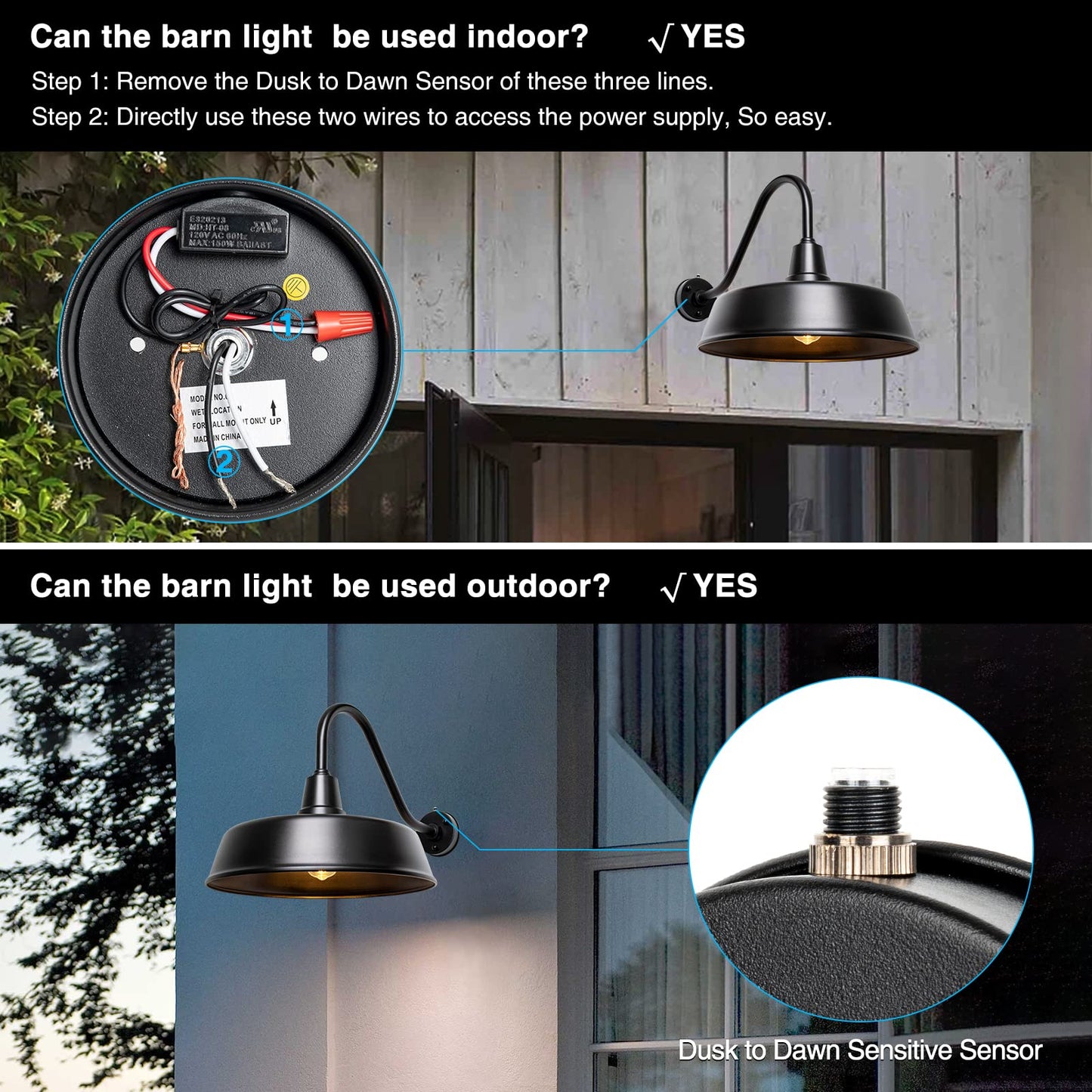 Metojia Gooseneck Barn Light - 18 Black Metal Exterior Sconce With Dusk To Dawn Sensor For Porch, Garage, And Front Door