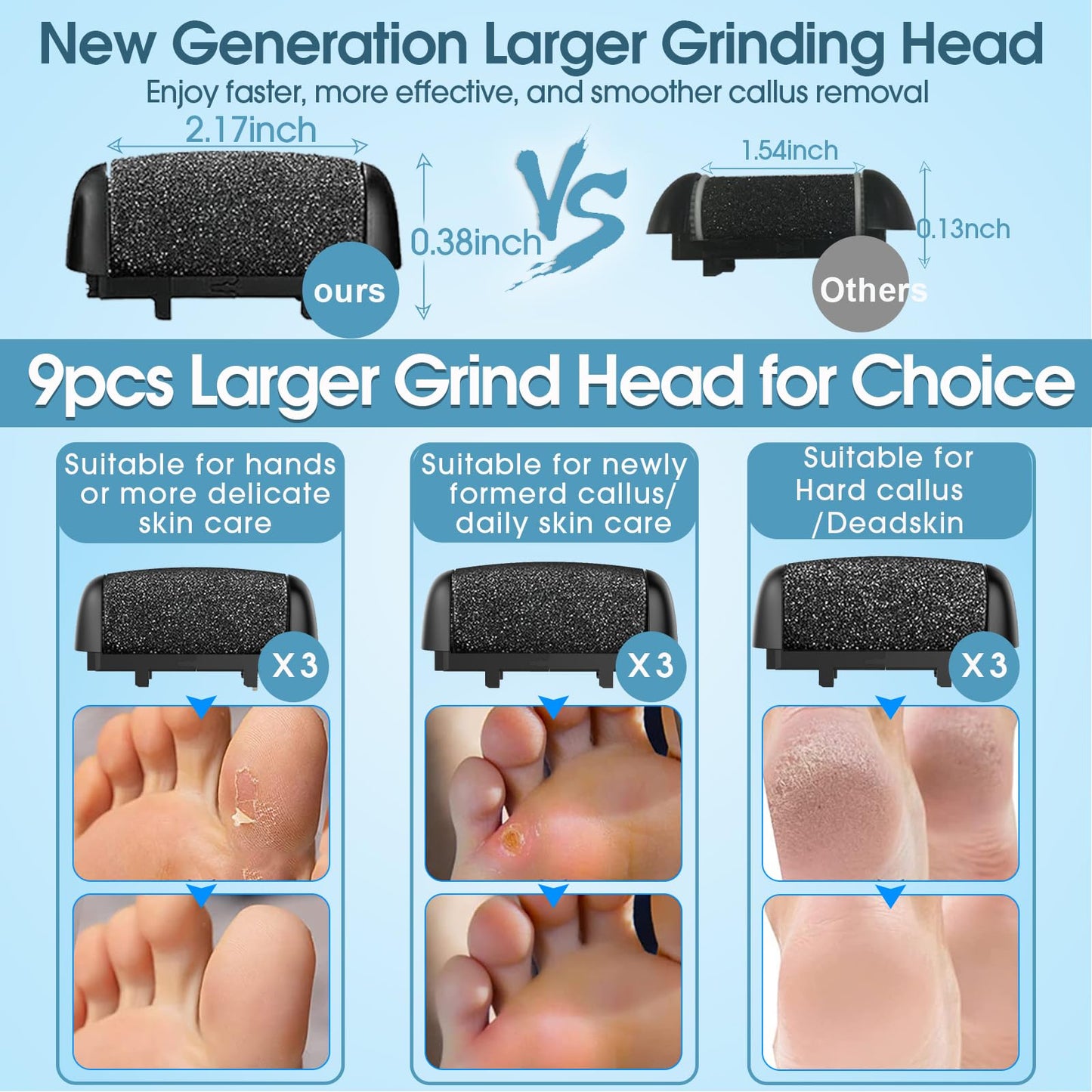 Electric Foot File Callus Remover for Feet - 9pcs Larger Grinding Head&3Speed, Pedicure Kit Foot Scrubber Deadskin Callus Remove