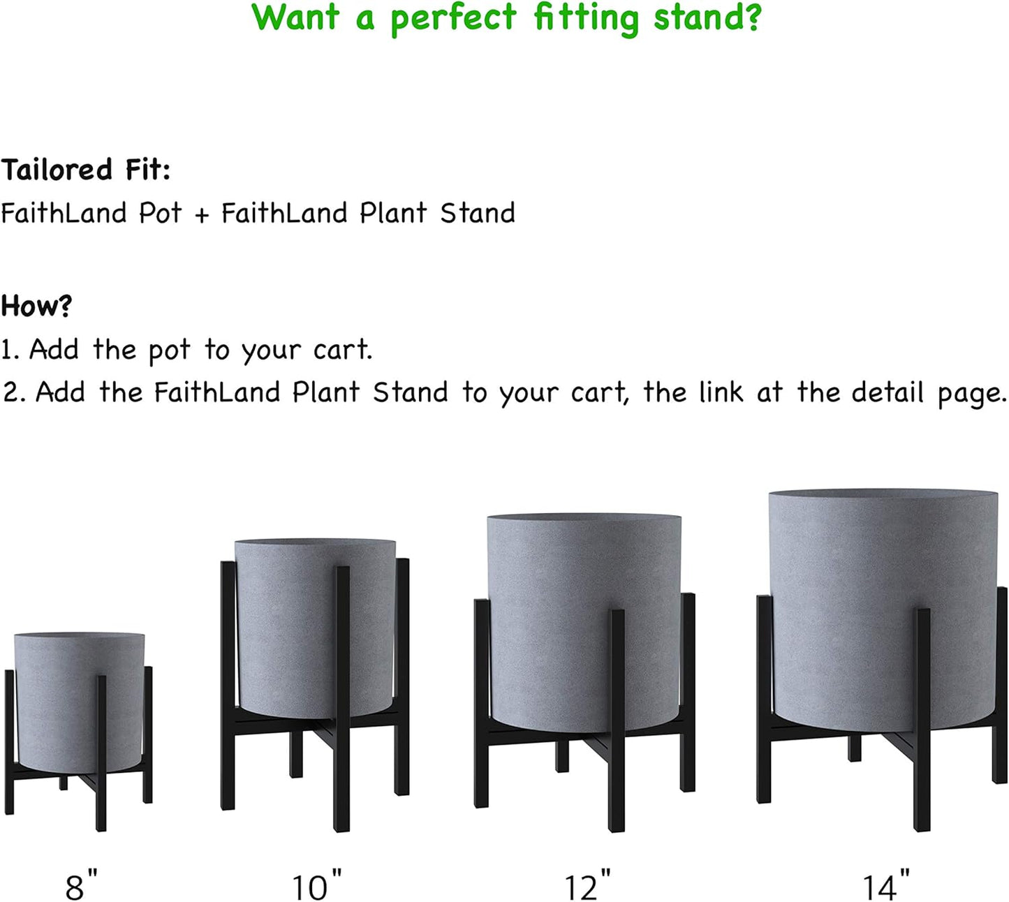FaithLand Plant Pot 12 inch - Perfectly Fits Mid-Century Modern Plant Stand - Drainage Plug - Gray Planter Pot