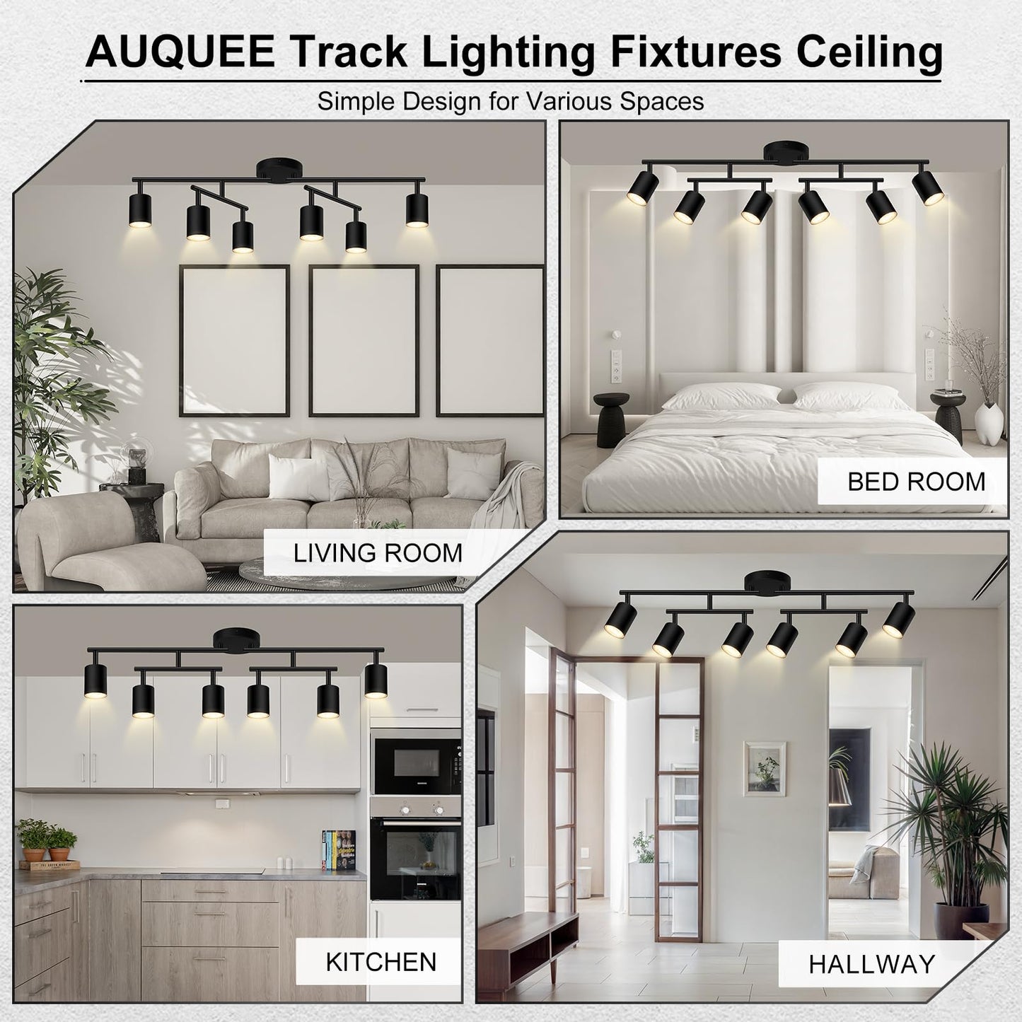 AUQUEE 6 Light Track Lighting Fixtures Ceiling, Matte Black Kichen Track Lighting Fixtures with Rotatable Light Heads, Upgrade Light Poles, Modern LED Sopt Lights for Kitchen/Hallway, No GU10 Bulb
