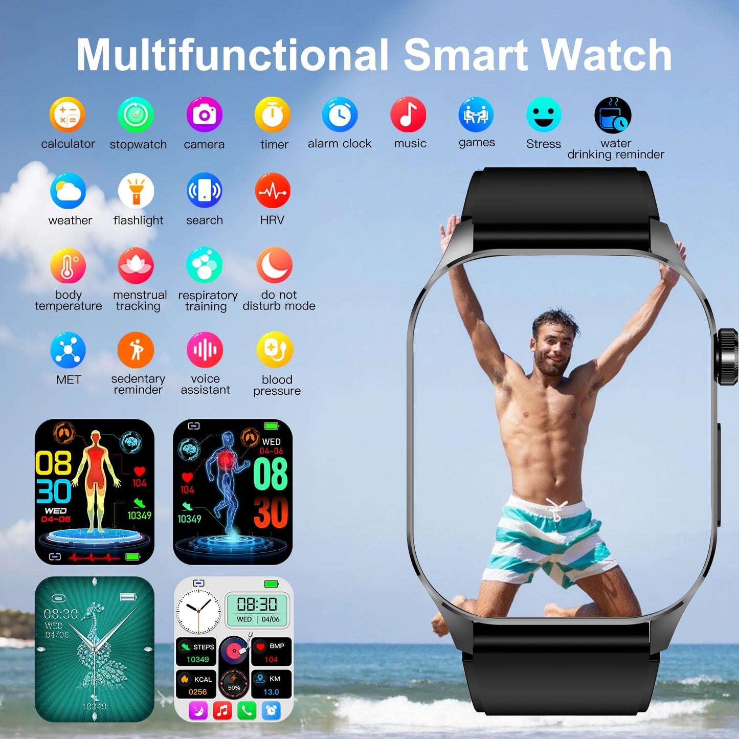 Advanced Health Smartwatch for Women Men with Real-Time Monitoring of Heart Rate, Blood Oxygen, Body Temperature, Blood Pressure, Sleep Quality and Stress Levels, Always-On Display, for Android & iOS