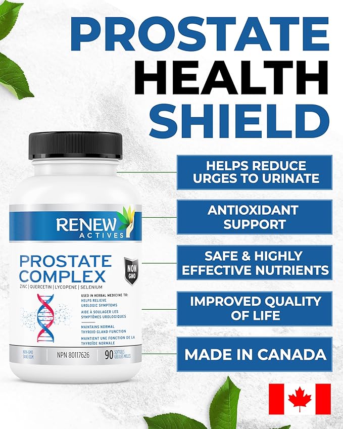 Renew Actives Prostate Complex 2 Softgels per Serving – Men's Wellness for Prostate, Thyroid, Immune & Eye Health – Antioxidant Support for Vitality & Performance – Made in Canada - 90 Softgels