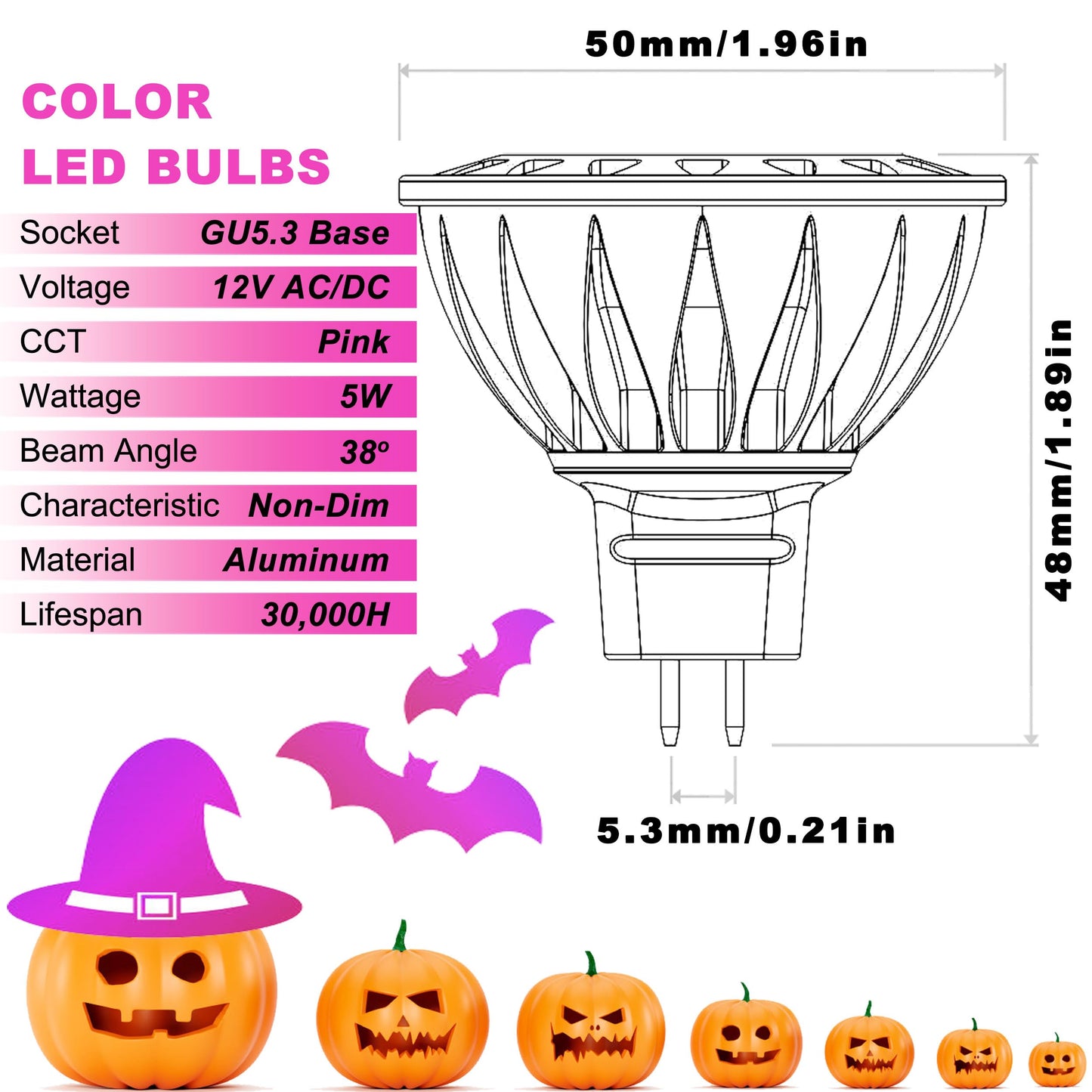 Alide Pink Mr16 Gu5.3 Led Bulbs 5W 20W 35W 50W Halogen Equivalent 12V Low Voltage Mr16 Led Pink Bulbs For Halloween Outdoor Landscape Yard Garden Tree Pool Holiday Lighting 38 Deg 6 Pack