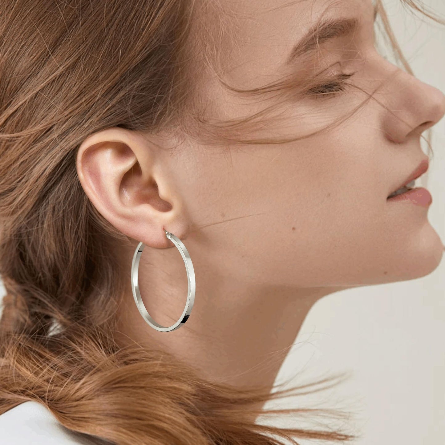 Gacimy Silver Hoop Earrings for Women, 14K White Gold Plated Flatted Hoops with 925 Sterling Silver Post, 40mm Medium Earrings f