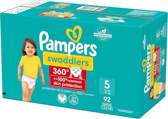Pampers Diapers - Swaddlers 360° - Size 5, 92 Count, up to 100% Leakproof Comfy Dry Fit, Designed for Easy Changes, Pull On Baby Diaper (Packaging May Vary)
