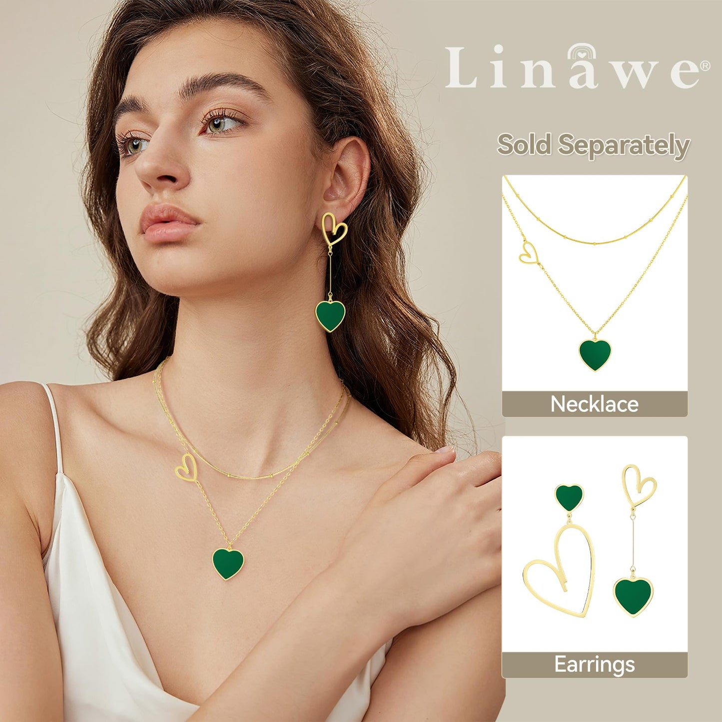 Linawe Gold Heart Earrings for Women Trendy, Emerald Green Dangle Drop Earrings, Titanium Stainless Steel Hypoallergenic Asymmet