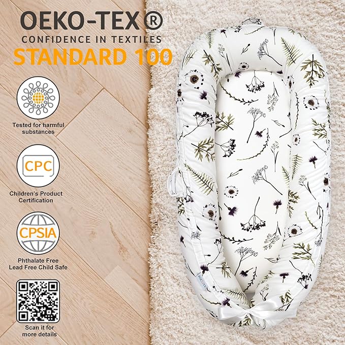 Baby Lounger | Organic Cotton Infant Lounger | Reversible, Adjustable & Portable Floor Lounger | Soft, Breathable, Washable Cover | Forest