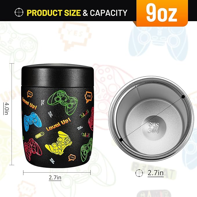 Charcy 9oz Stainless Steel Vacuum Insulated Kids Food Jar - Soup Thermo for Hot & Cold Food - Grey Video Game