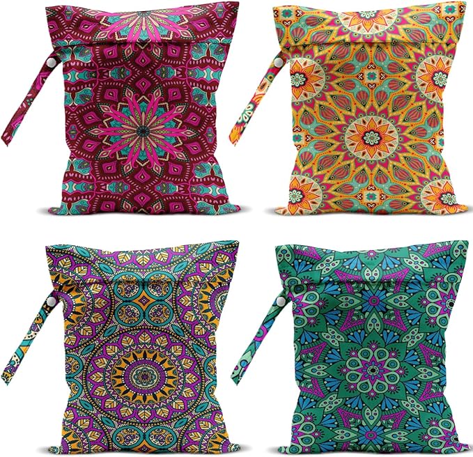 4 Pack Boho Mandala Floral Lover Gift Wet Bag Waterproof Washable Reusable Wet Dry Bag for Swimsuit Clothes Cloth Diaper Travel Pool Yoga Toiletries Gift for Women Sister Bestie Birthday Christmas
