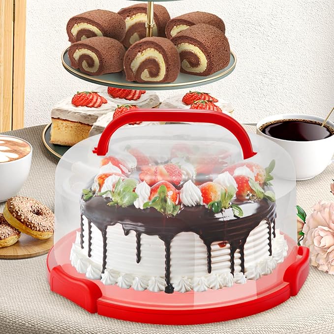 10Inch Cake Stand Carrier with Lid and Handle Storage Container Keeper Plastic Tall Transport Travel Cake Saver Holder with Cover Pie Bundt Round (Red)