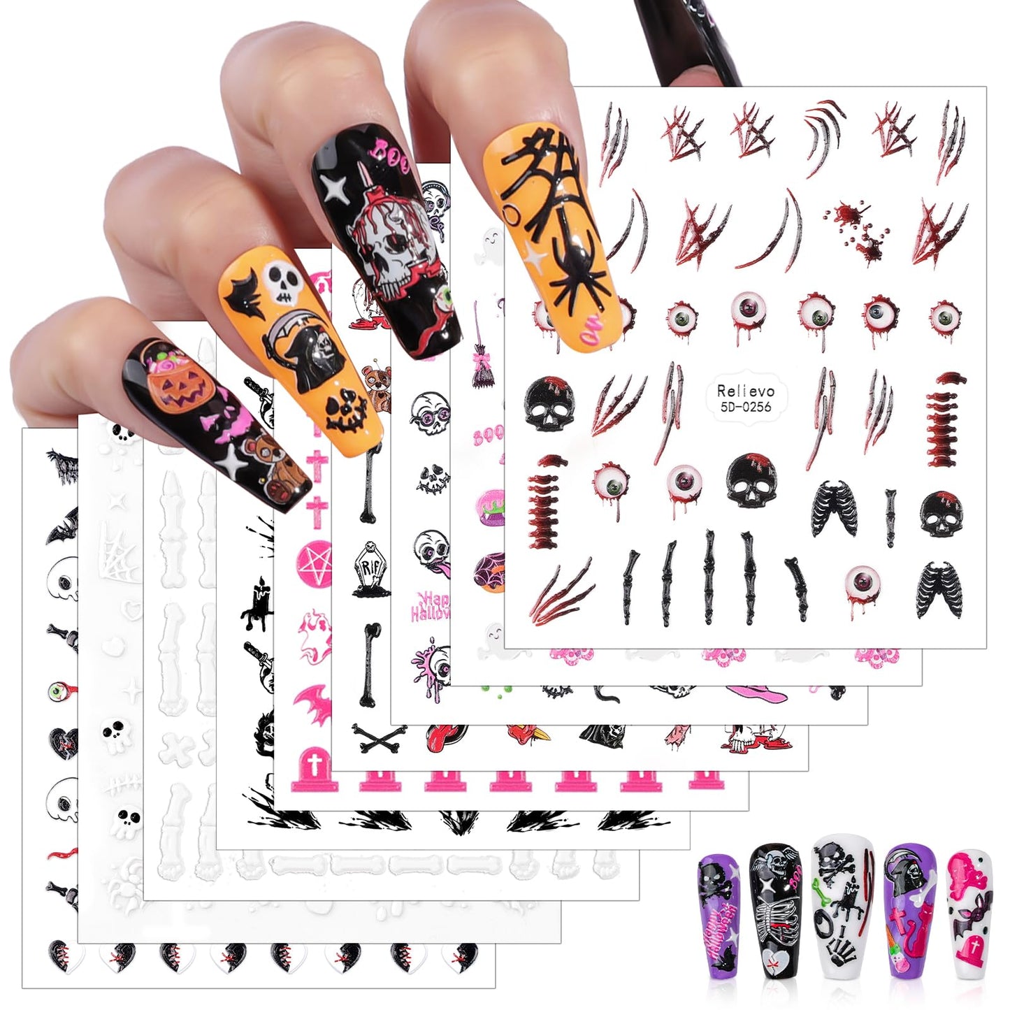 9 Sheets Halloween Nail Art Stickers 5D Embossed Nail Decals Ghost Pumpkin Bat Cat Skull Spider Web Gothic Nail Supplies for Wom