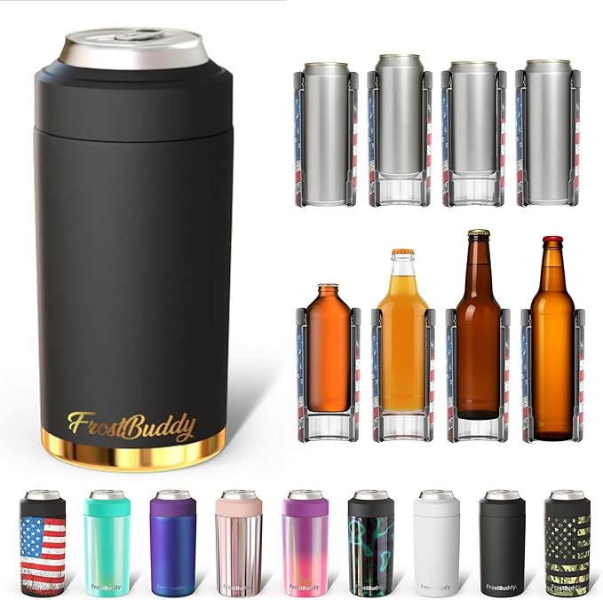Frost Buddy Universal Buddy Can Cooler - Fits All - For Regular 12 & 16 oz or Slim-Size Bottles - Insulated Double-Walled Stainless Steel (Texastea)