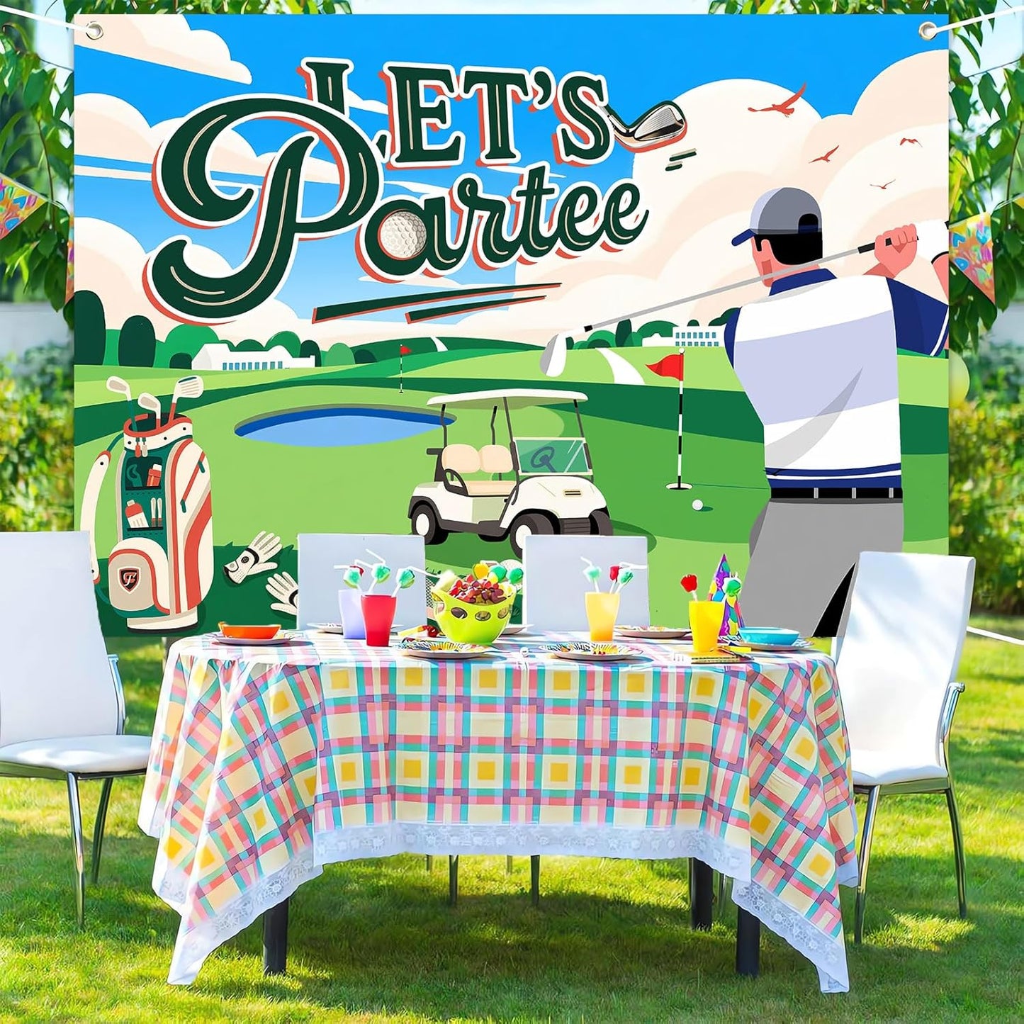 Let's Partee Golf Theme for Birthday Backdrop Green Grass Club Sports Grounds Photo Background Adult Kids Golf Birthday Party Decorations Banner Photo Booth Studio Props 9X6ft