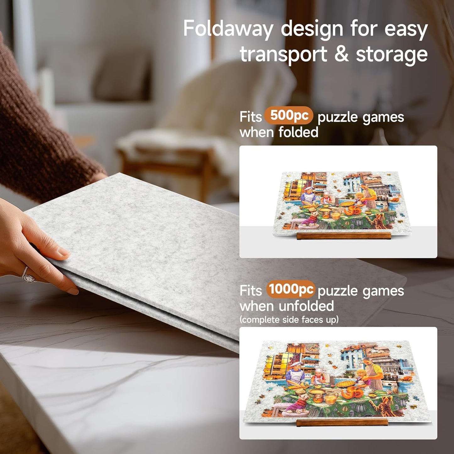 Tektalk Foldable Jigsaw Puzzle Board with 3 Angle Adjustable Bracket/Stand, Lightweight Portable Puzzle Mat Plateau with Wooden Easel, Foldaway Felt Puzzle Table, for Up to 1000 Pieces (Light Gray)