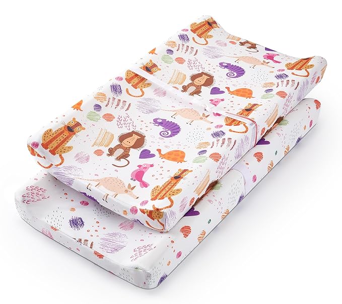TILLYOU Baby Changing Pad Cover, Changing Table Cover for Girls Boys, Ultra Soft Breathable, 2 Pack Animal Graffiti & dot Printing