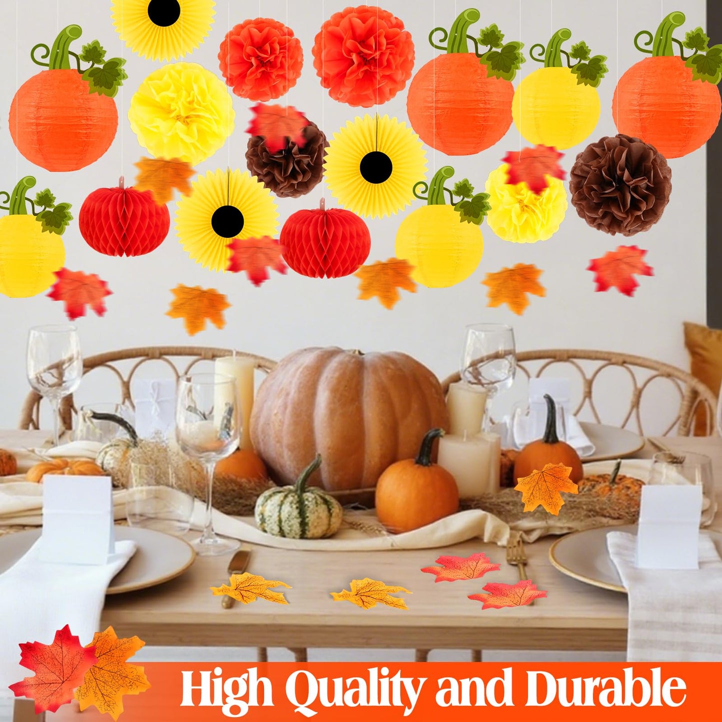 Fall Thanksgiving Party Decorations  Hanging Pumpkins Honeycomb Paper Lantern Fall Paper Fans Pompoms Maple Leaves For Autumn Harvest Baby Shower Party Decor