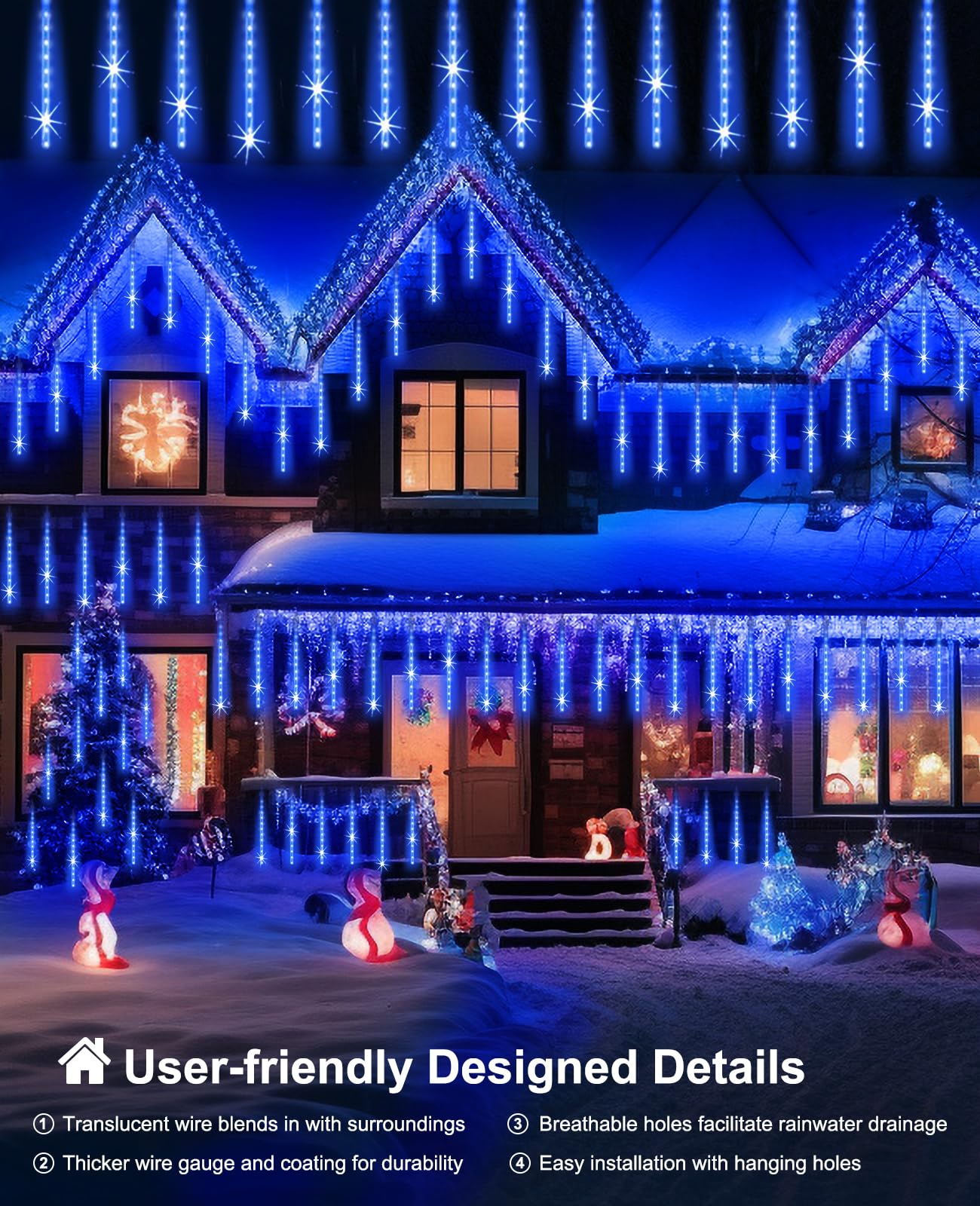 Eagwell 20 Tube 1080 Led Blue Meteor Shower Lights - Waterproof Cascading Lights For Garden, Porch, Wedding, And Christmas Decor