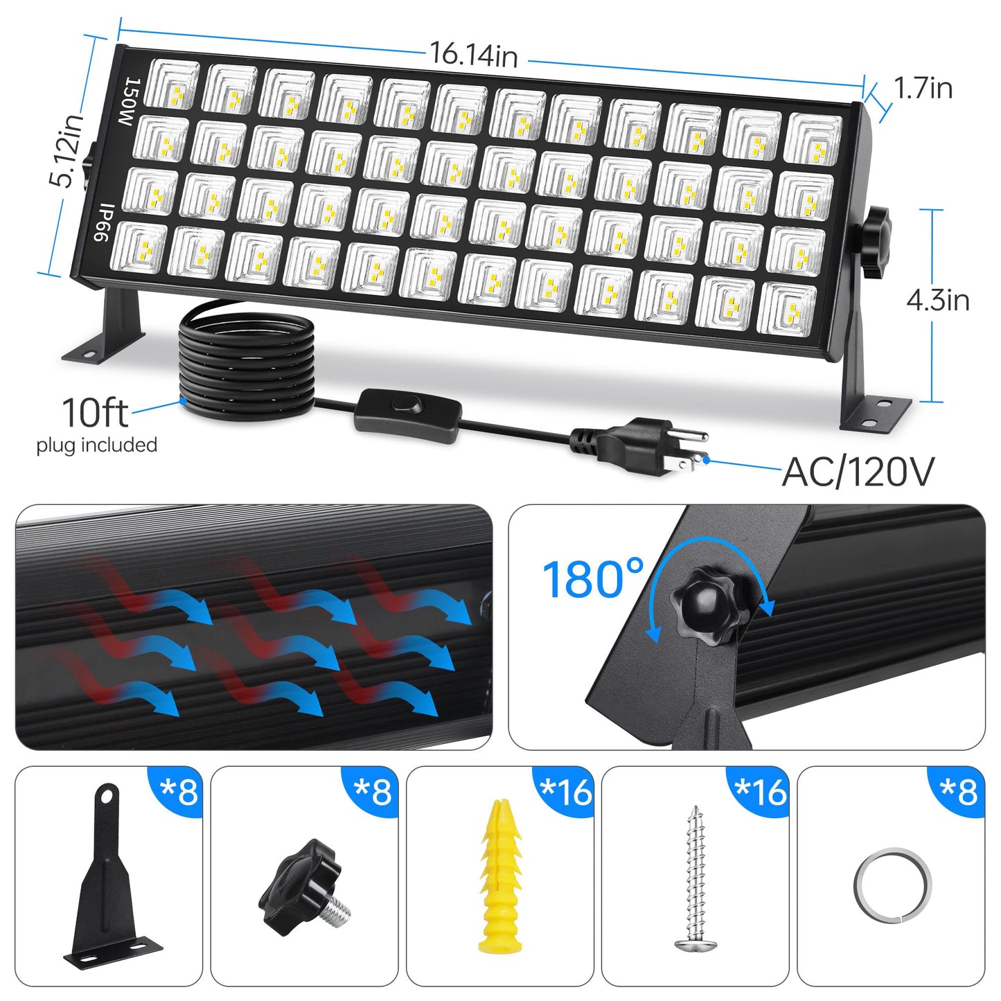 Yqnlifa 150W Led Shop Light  18000Lm 6000K Daylight White Super Brighter  Ip66 Waterproof Garage Light With 10 Ft Cord & On/Off Switch  Bay Lighting For Workshop Yard Garage Warehouse  2 Pack