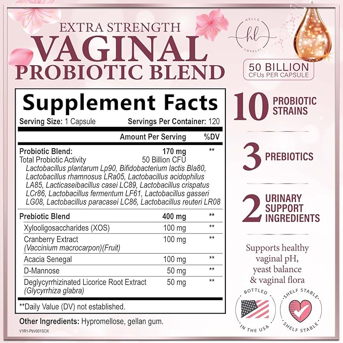 Vaginal Probiotics for Women - Vaginal PH Flora Feminine Health Balance Support - 50 Billion CFU Per Capsule, Odor Digestive Immune Support - Womens Probiotics Supplement with Cranberry - 120 Capsules