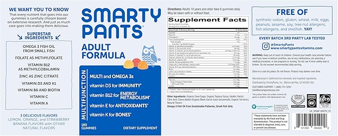 SmartyPants Multivitamin for Men & Women: Multivitamin Gummies with Vitamin D3, C, Vitamin B12, B6, A, K & Zinc, Omega 3 Fish Oil (EPA/DHA), Biotin, Gluten Free, 180 Count (30 Day Supply)