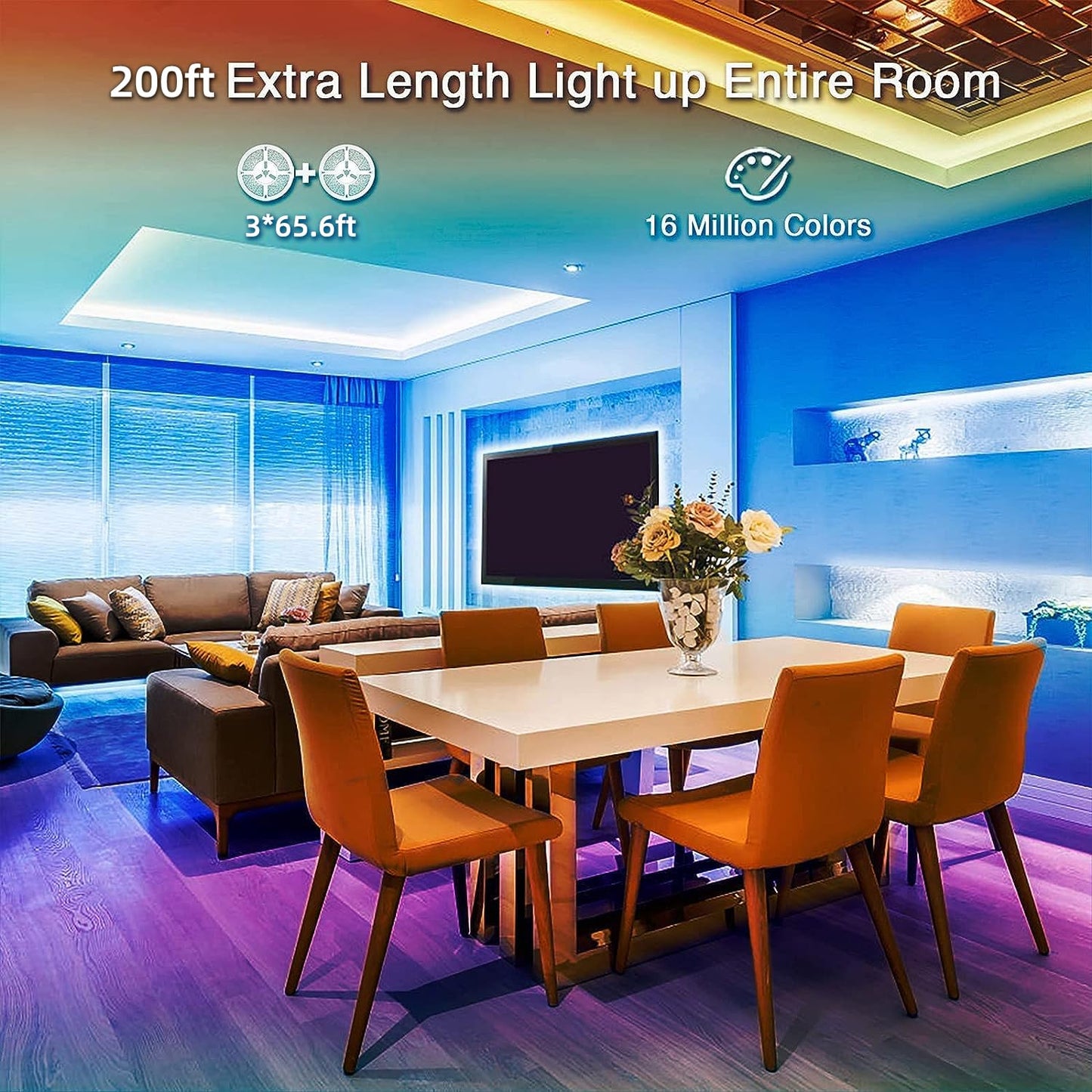 Hyrion 200Ft Led Strip Lights, Music Sync Rgb, Bluetooth Control, 3 Rolls Of 65.6Ft, Multicolor, Model 232024G