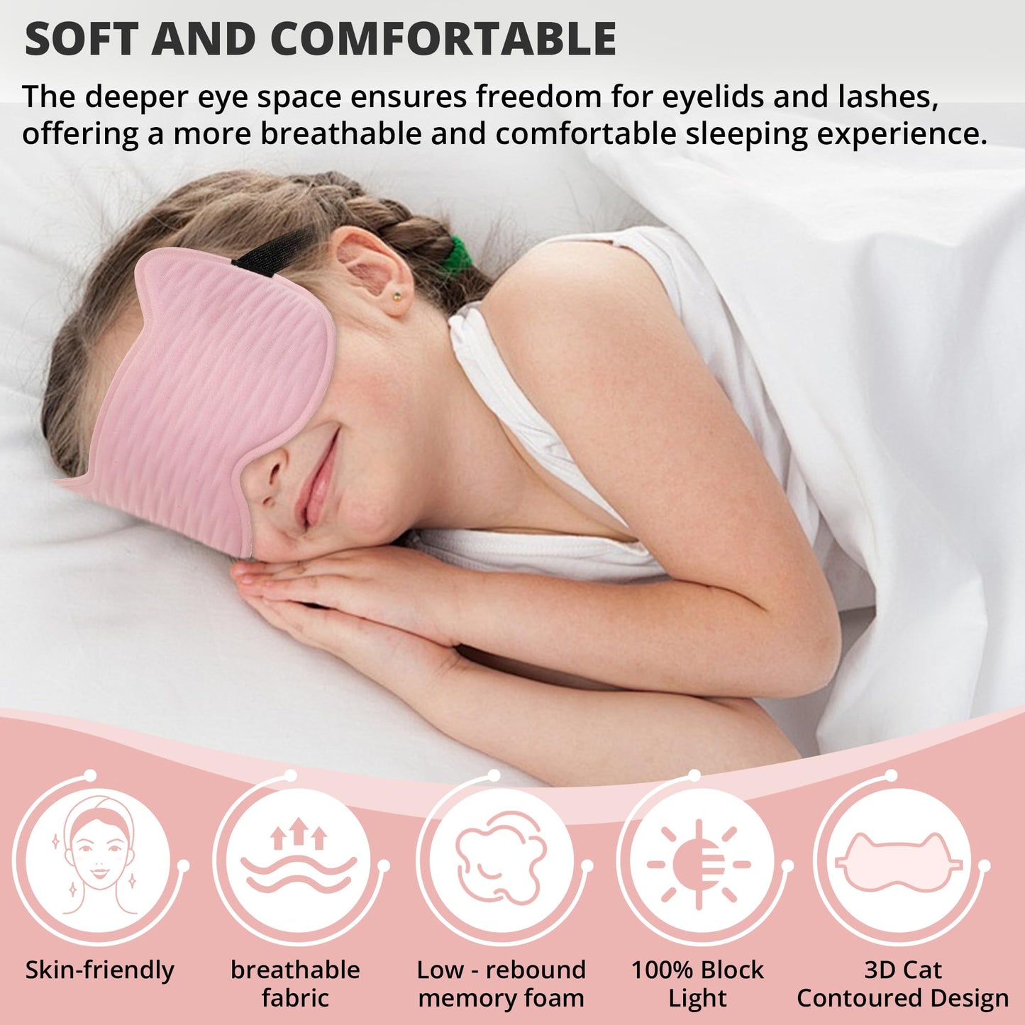 3D Kids Sleep Eye Mask: 3D Contoured Cup Sleeping Masks, Blindfold Sleep Eye Cover with Adjustable Strap, Memory Foam Lightweight Night Eyeshade for Boys Girls Teens (Pink)
