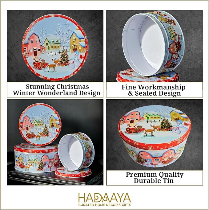 Pack of 6 Christmas Cookie Tins With Lids, Festive Holiday Cookie Tins for Treats & Gifts, Multipurpose Storage Container for Cookies, Snacks & More With Multicolor Christmas Wonderland Design