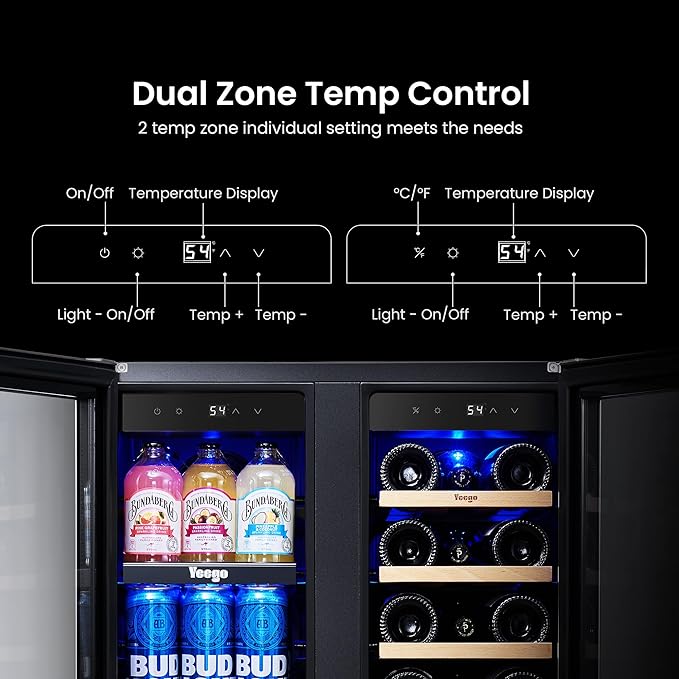 Yeego Wine and Beverage Refrigerator, 24" Dual Zone Upgraded Wine Beverage Cooler Built-In or Freestanding Wine Fridge with Glass French Door,Large Capacity Beer Fridge Holds 20 Bottles & 60 Cans