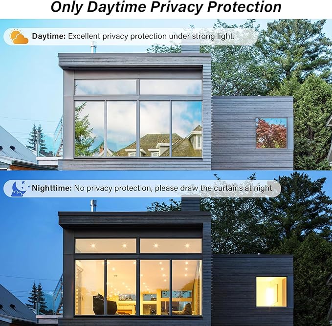 Kromapolis One Way Window Privacy Film Reflective Mirror Home Window Tint, Daytime Privacy Heat Control Anti UV Glass Tinting Static Cling (Silver, 35.4 x 314.9 inch)