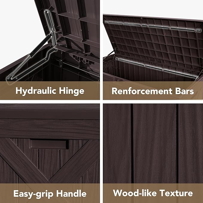 Devoko 120 Gallon Deck Box Resin Outdoor Storage Box Waterproof for Patio, Large Outdoor Storage Bench Lockable for Outside (Deep Brown)