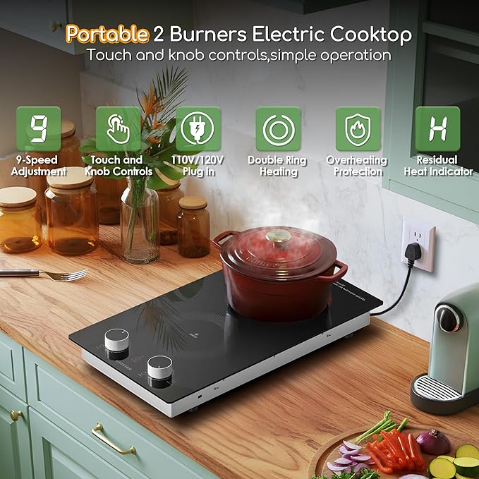 12 Inch Electric Cooktop with 2 Burner,110V-120V, 1800W,Plug in Electric Stove Top,Countertop & Built-in,Glass Radiant Cooktop with Knob & Touch Control,Auto Shutdown,Residual Heat Warning