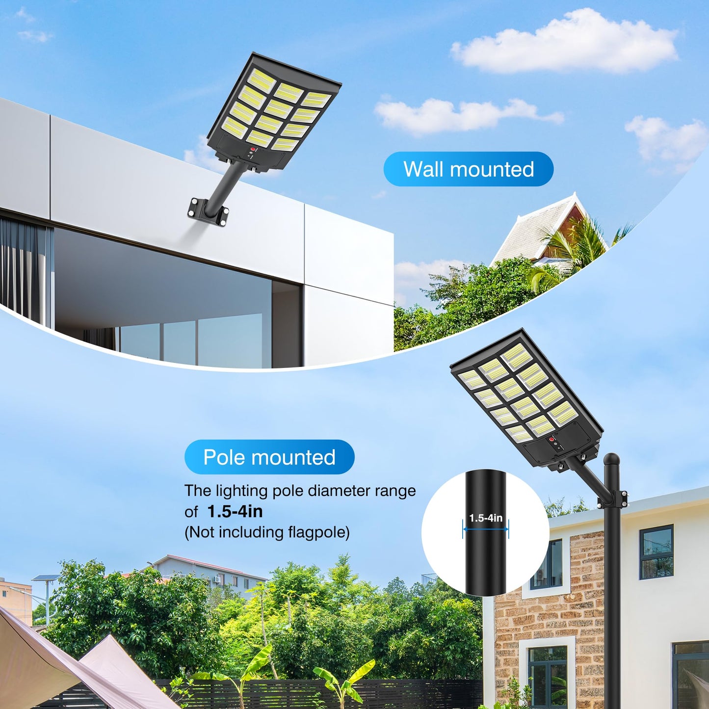 OKPRO 5000W Solar Street Light, IP66 Waterproof, LED with Motion Sensor, Dusk to Dawn, Black, 2 Pack