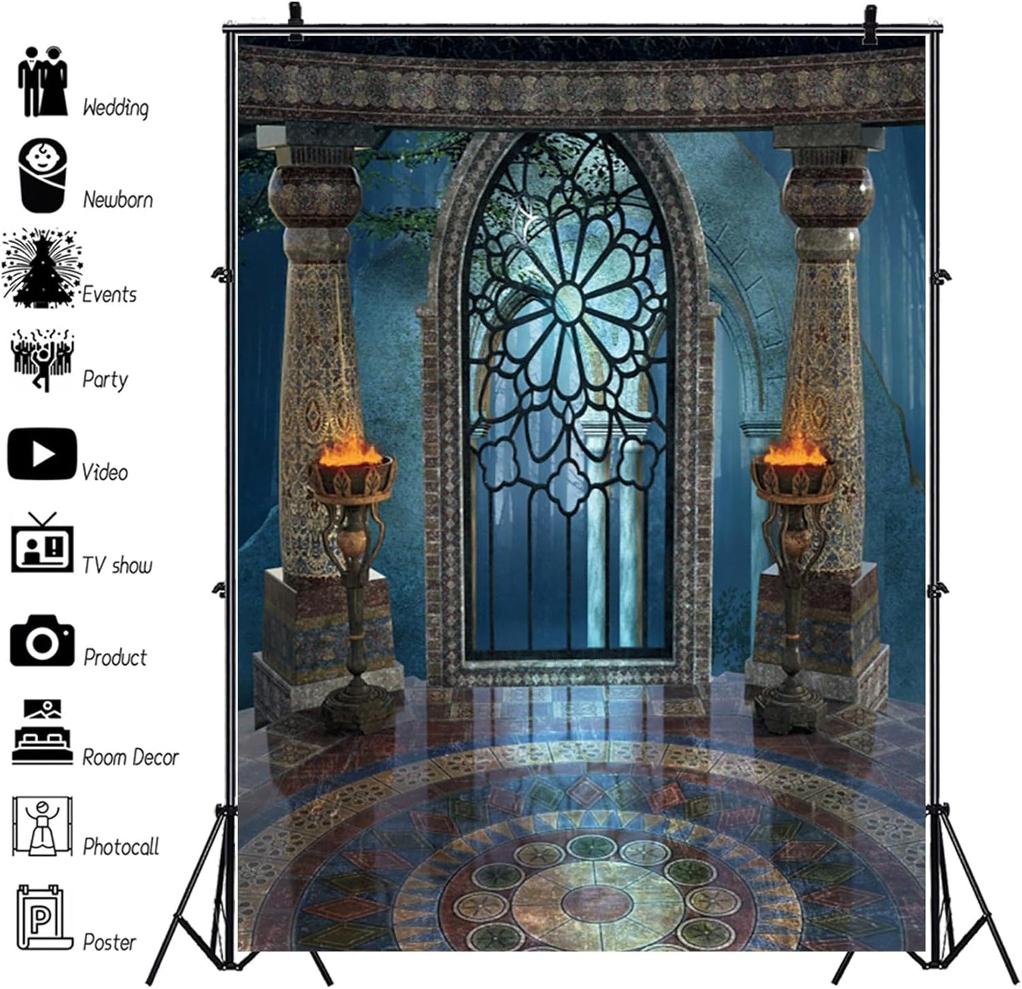 Renaiss 10x12ft Medieval Castle Backdrop for Photoshoot Portrait Pillar Torch Gothic Stone Tower Ancient Old Fortress Interior Photography Background Halloween Party Decor Wallpaper Photo Studio Props