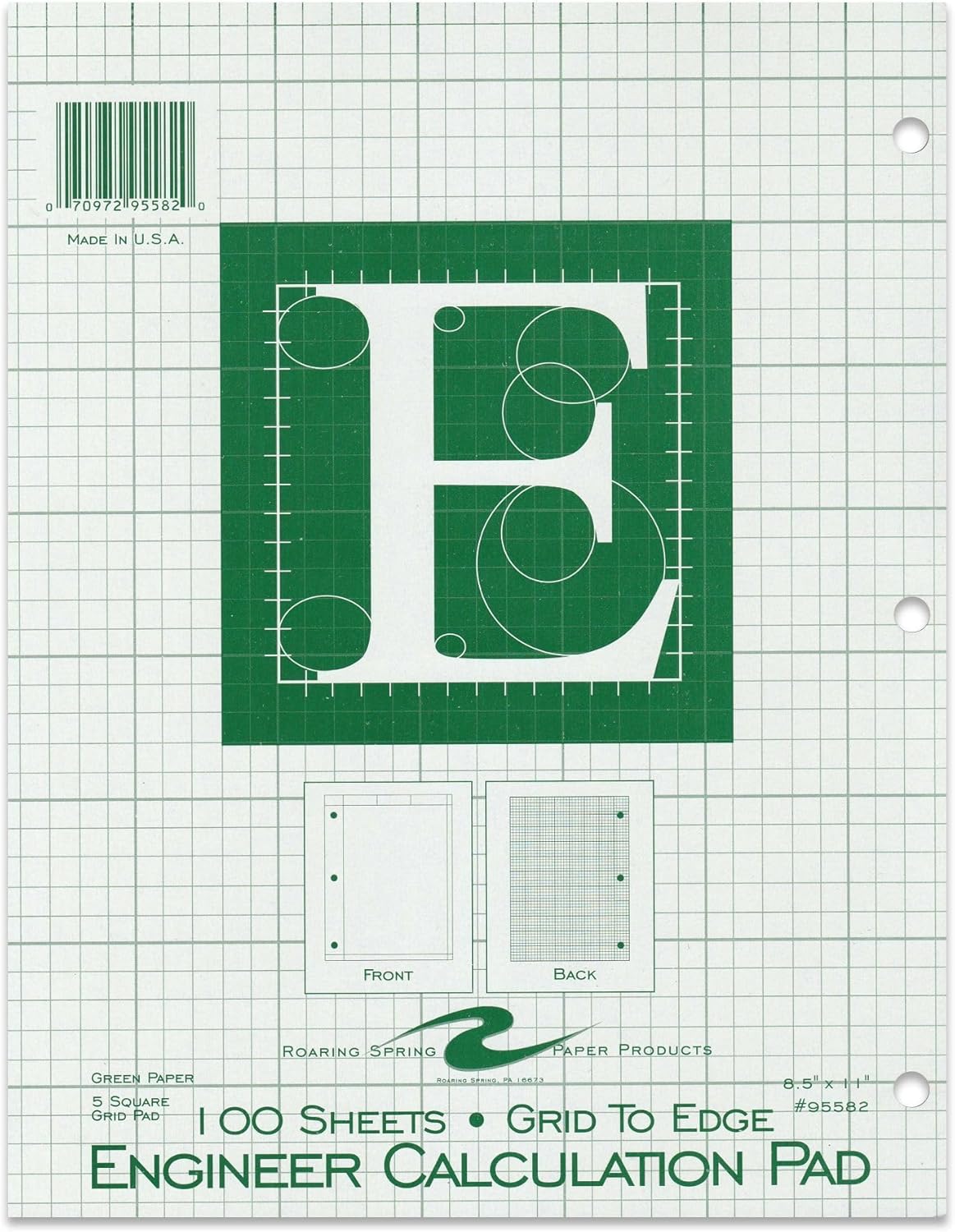 ROARING SPRING Engineering Pad, 8.5" x 11", 100 Sheets 15lb Green Paper, 5x5 Printed Back Grid-to-Edge, Top Glued, 3-Hole Punched, Proudly Made in USA, Heavy Backing Board