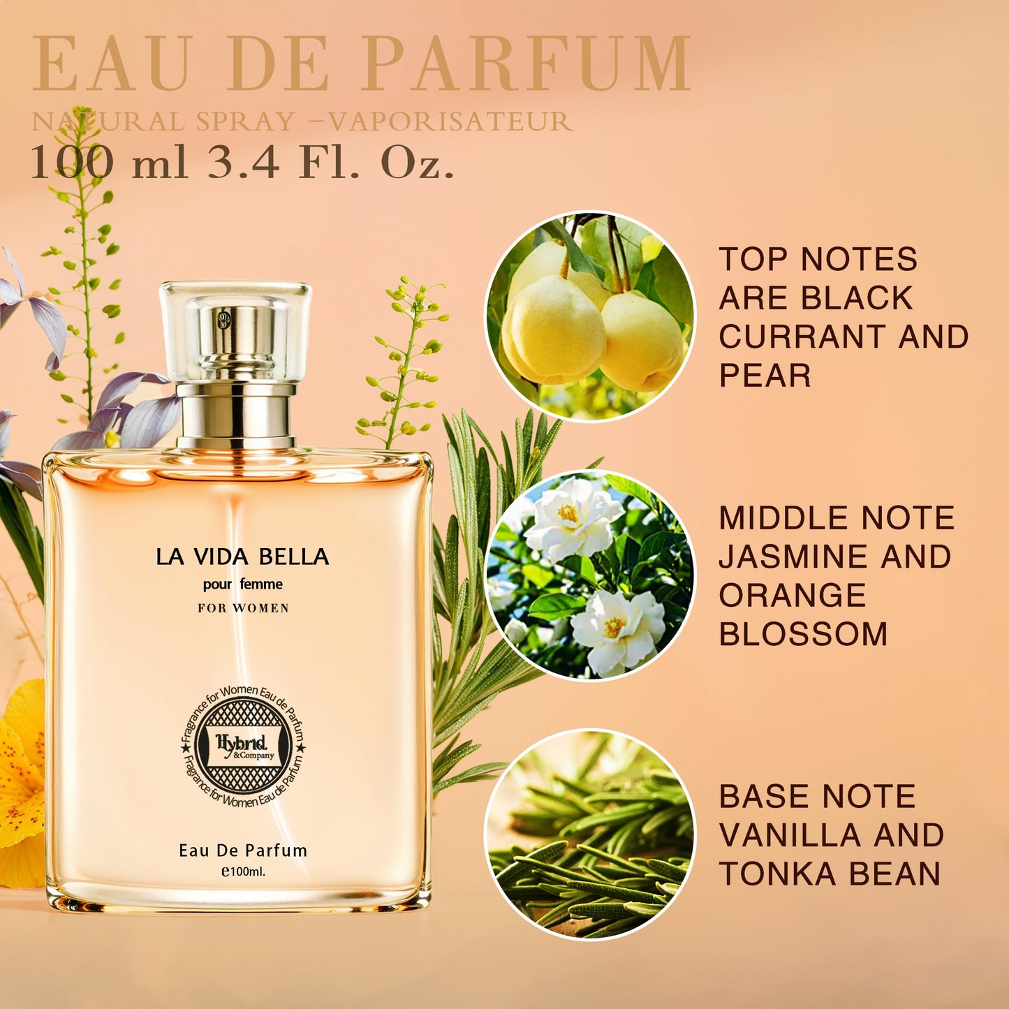 Hybrid & Company La Vida Bella Fragrance for Women Eau De Parfum Natural Spray Elegant Scent, 3.4 Fl Oz