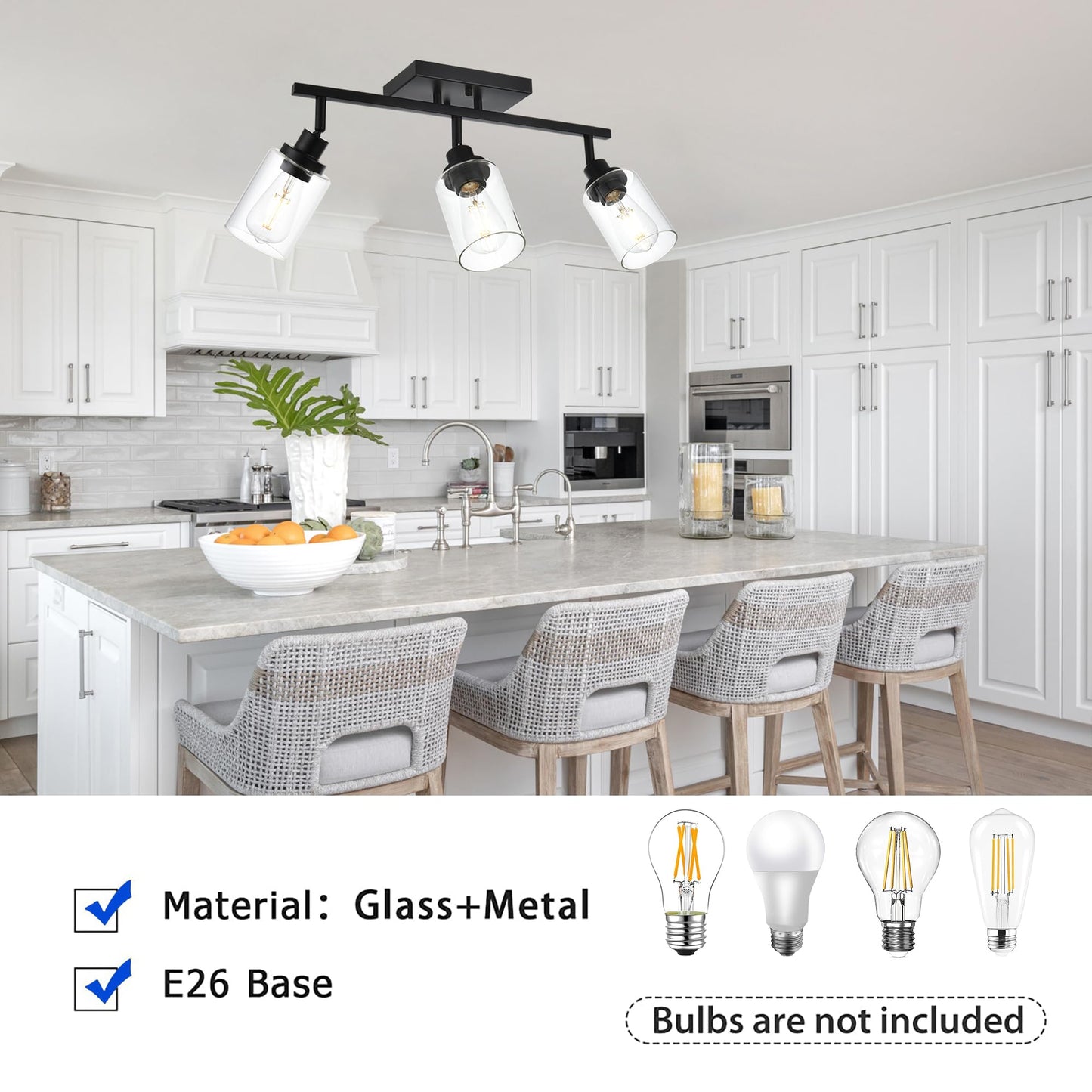 Wanluce 3-Light Track Lighting Kit Black Track Lighting Fixtures Bathroom Wall Sconces Ceiling Mount Kitchen Tracking Lights  Rotatable Spotlight With Clear Glass Shade For Kitchen Shop Hallway