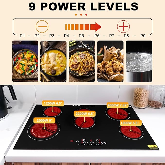 Winado 5 Burners Electric Ceramic Cooktop 35 inch, 220-240V Flat Top Stove, Multi-function Elecric Stovetop w/9 Heating Level, Timer & Kid Safety Lock, Sensor Touch Control, Timer Setting, 8600W