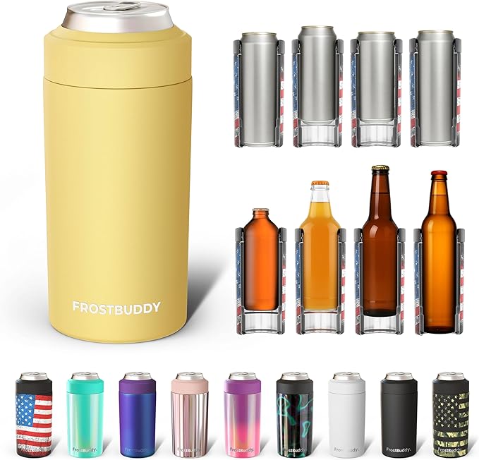 Frost Buddy Universal Can Cooler - Fits all - Stainless Steel Can Cooler for 12 oz & 16 oz Regular or Slim Cans & Bottles - Stainless Steel (Butter Yellow)