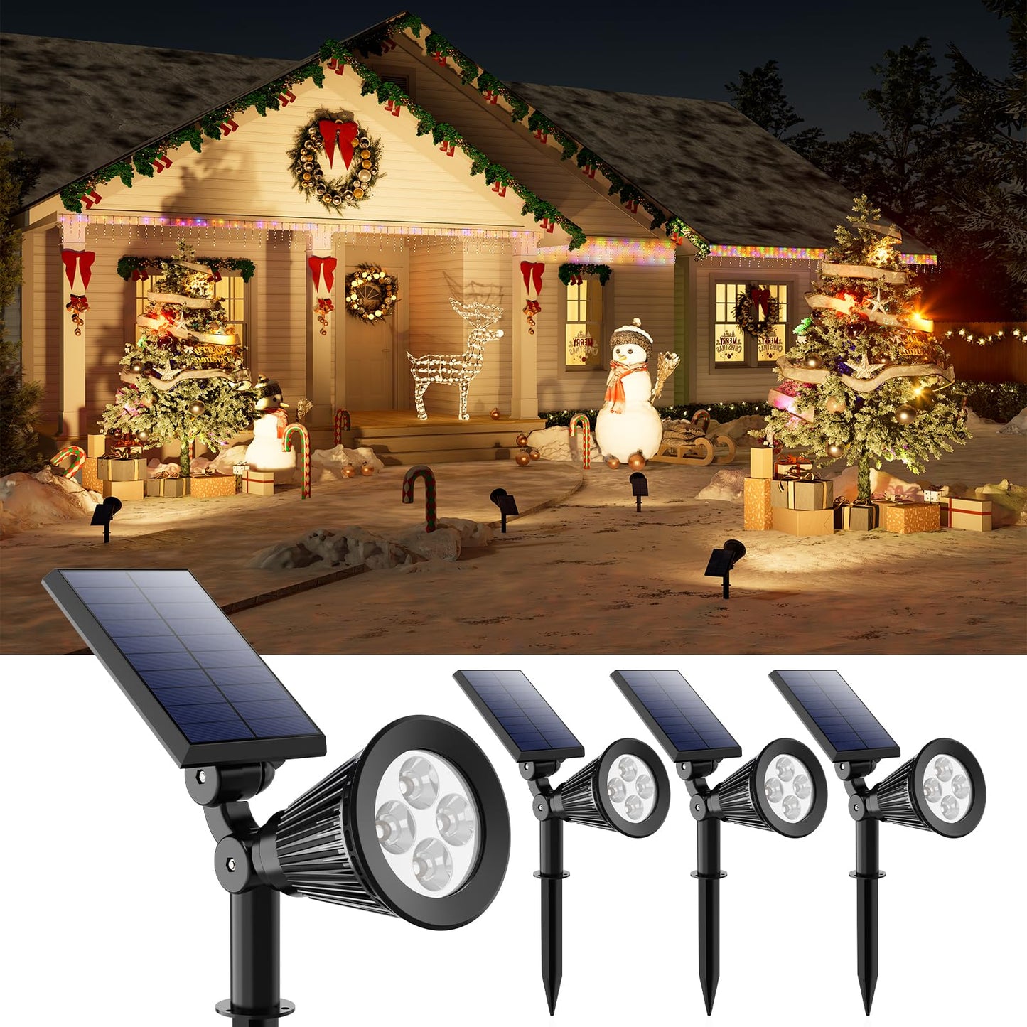 4 Pack Solar Powered Spotlights Waterproof Outdoor for Christmas Decorations, Tree, Santa Claus, Snowman, Christmas Ambient Outdside Spot Landscape Lights for Wall, Garden, Yard, Sidewalk, Warm White