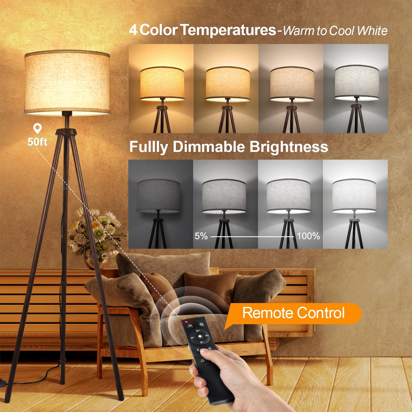 OUTON Wood Tripod Floor Lamp - Mid Century LED Dimmable with Remote, 4 Color Temperatures, Dark Walnut, Sturdy Beige Linen Shade